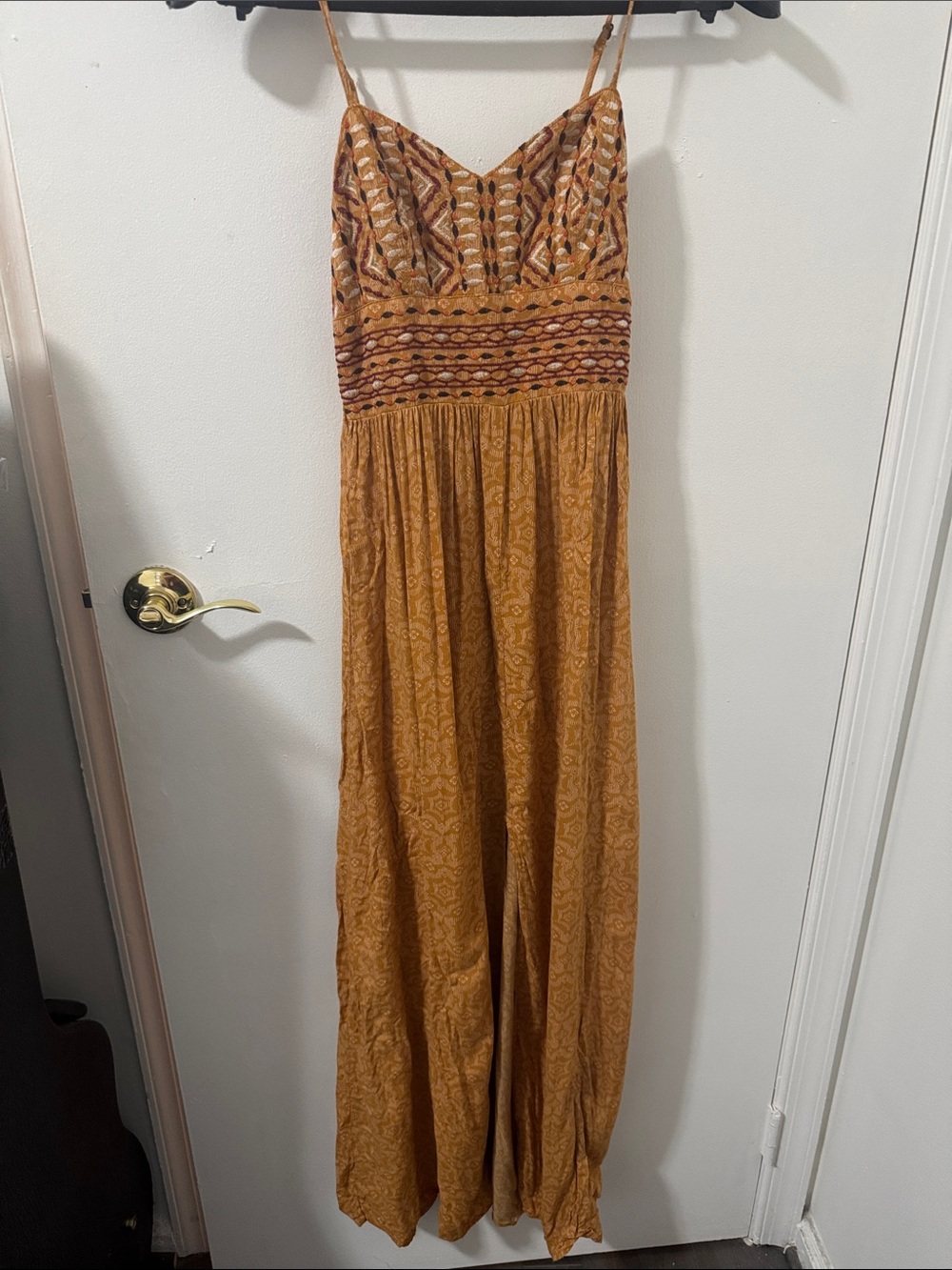 Bohemian Patterned Spaghetti Strap Dress with Smocking and Slits